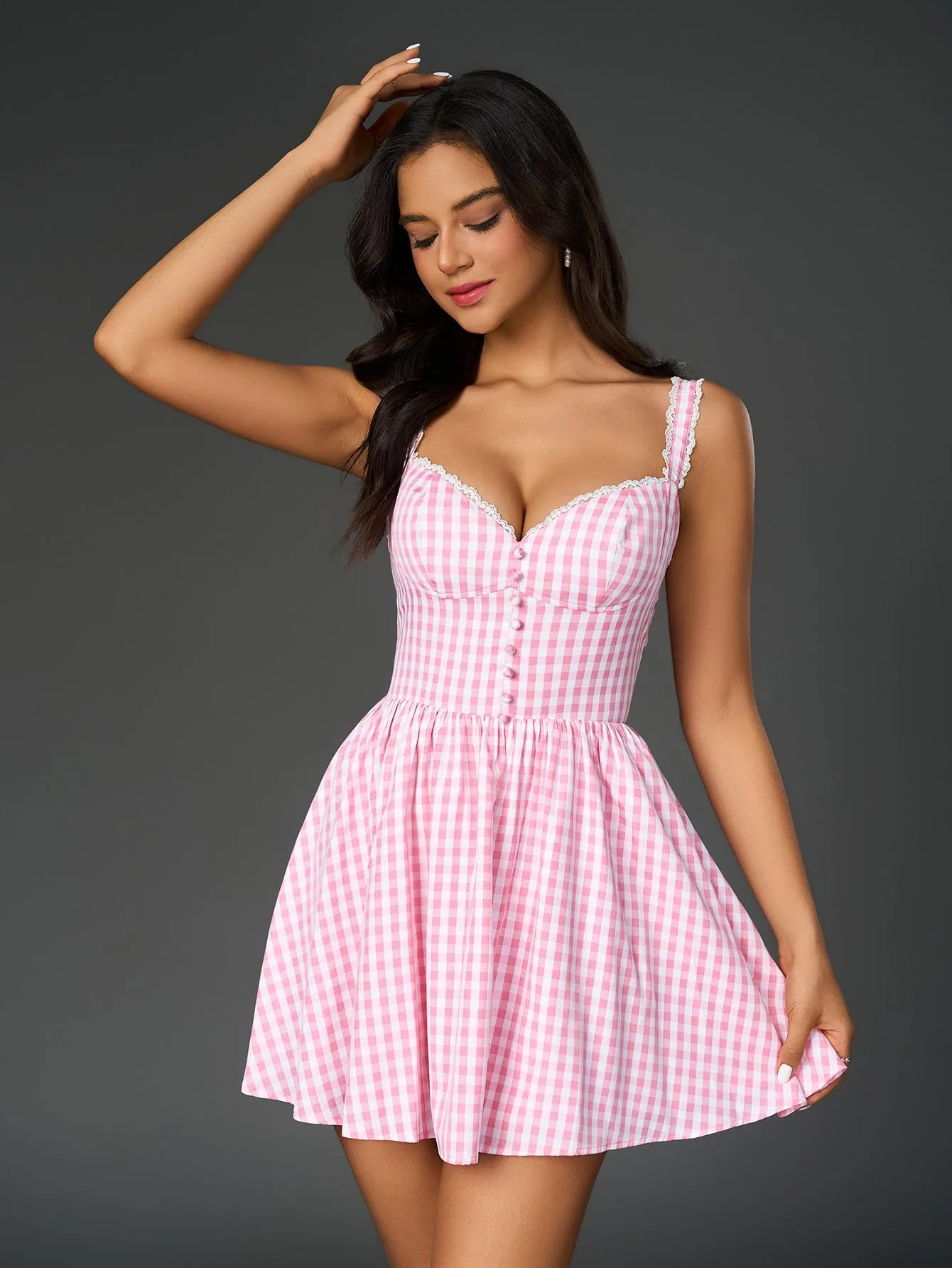Embellished Button Plaid Print Cami Dress