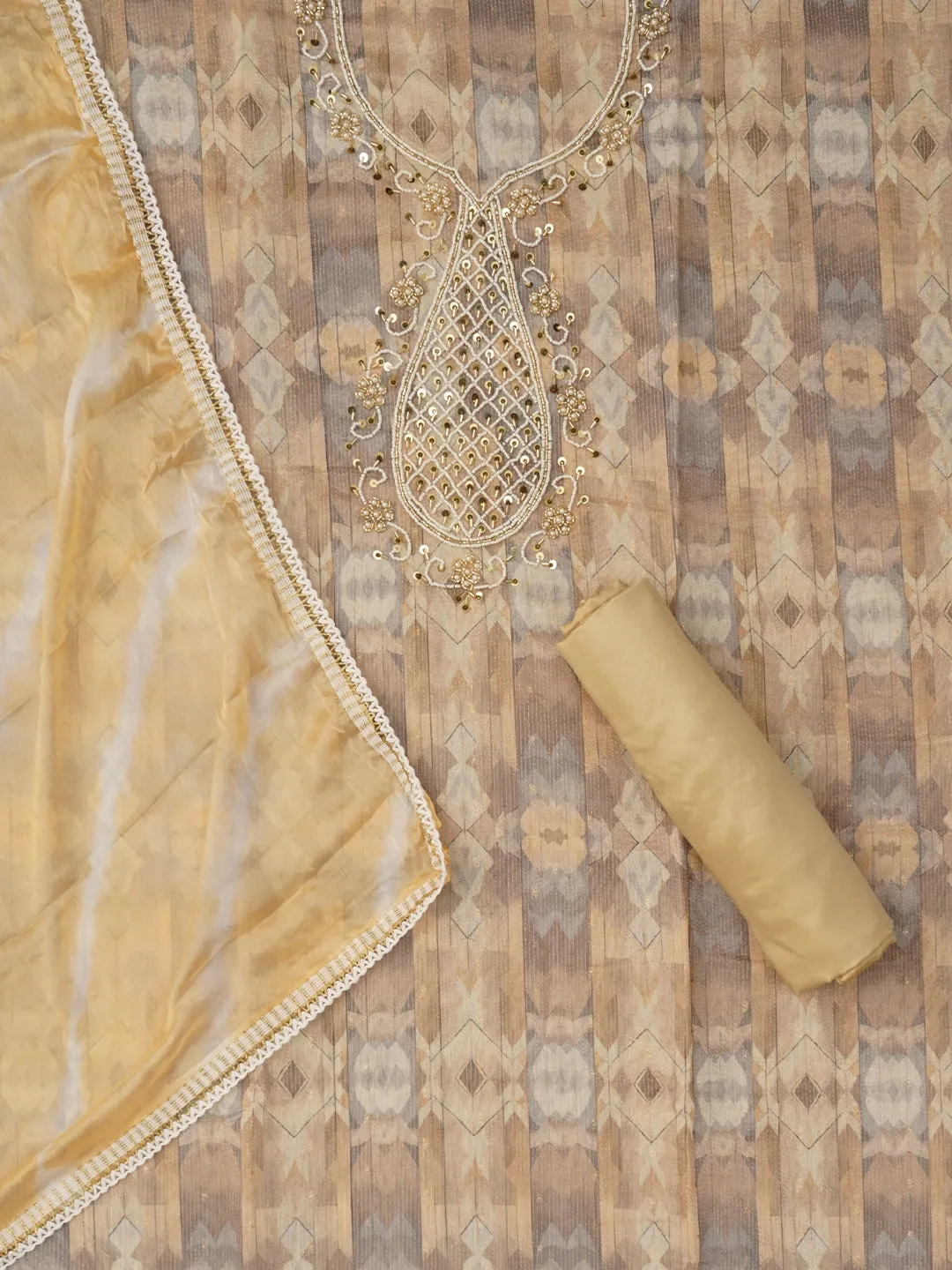 Lime Green Leheriya Embroidered Dress Material with Dupatta