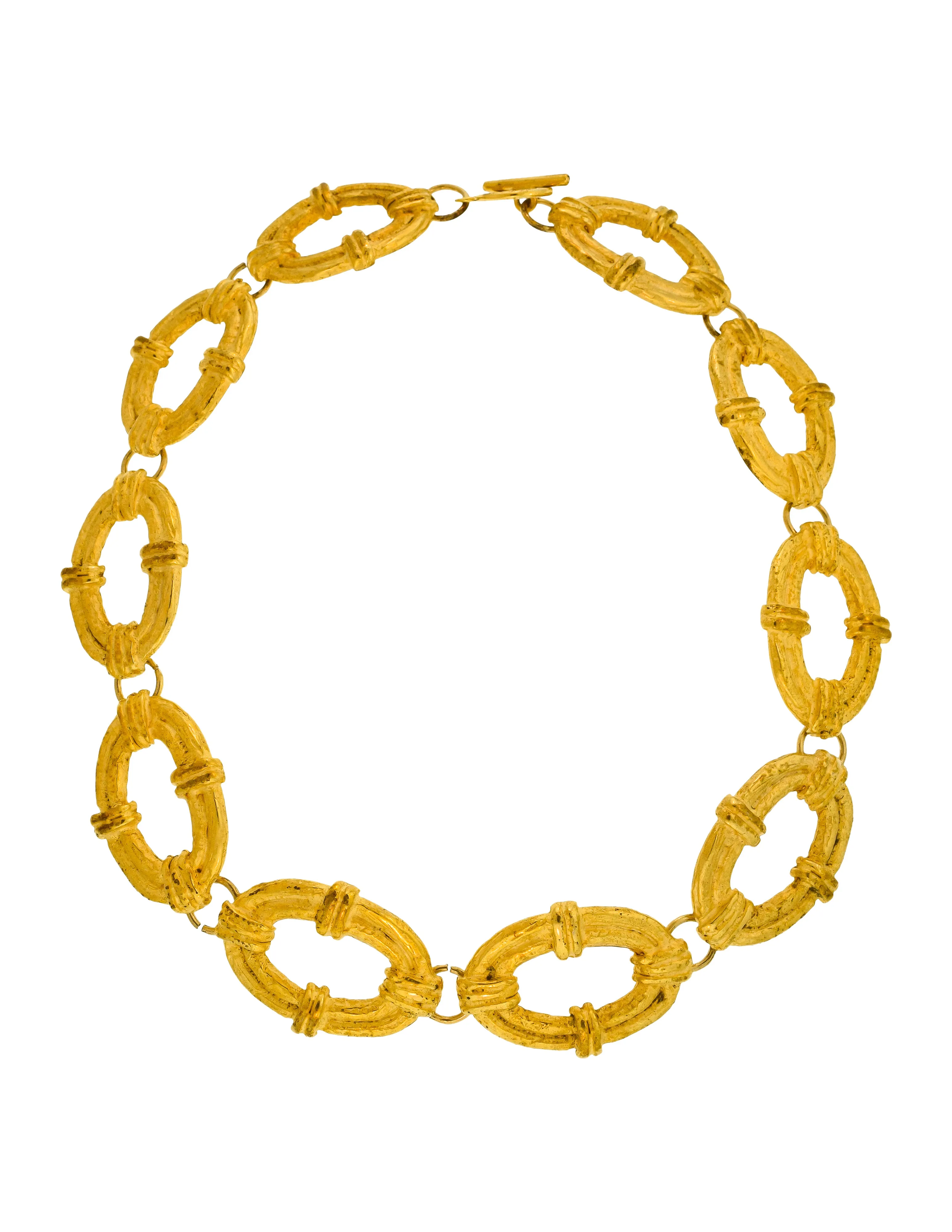 Pierre Cardin Vintage 1980s Artisanal Brushed Gold Textured Oval Link Chain Necklace