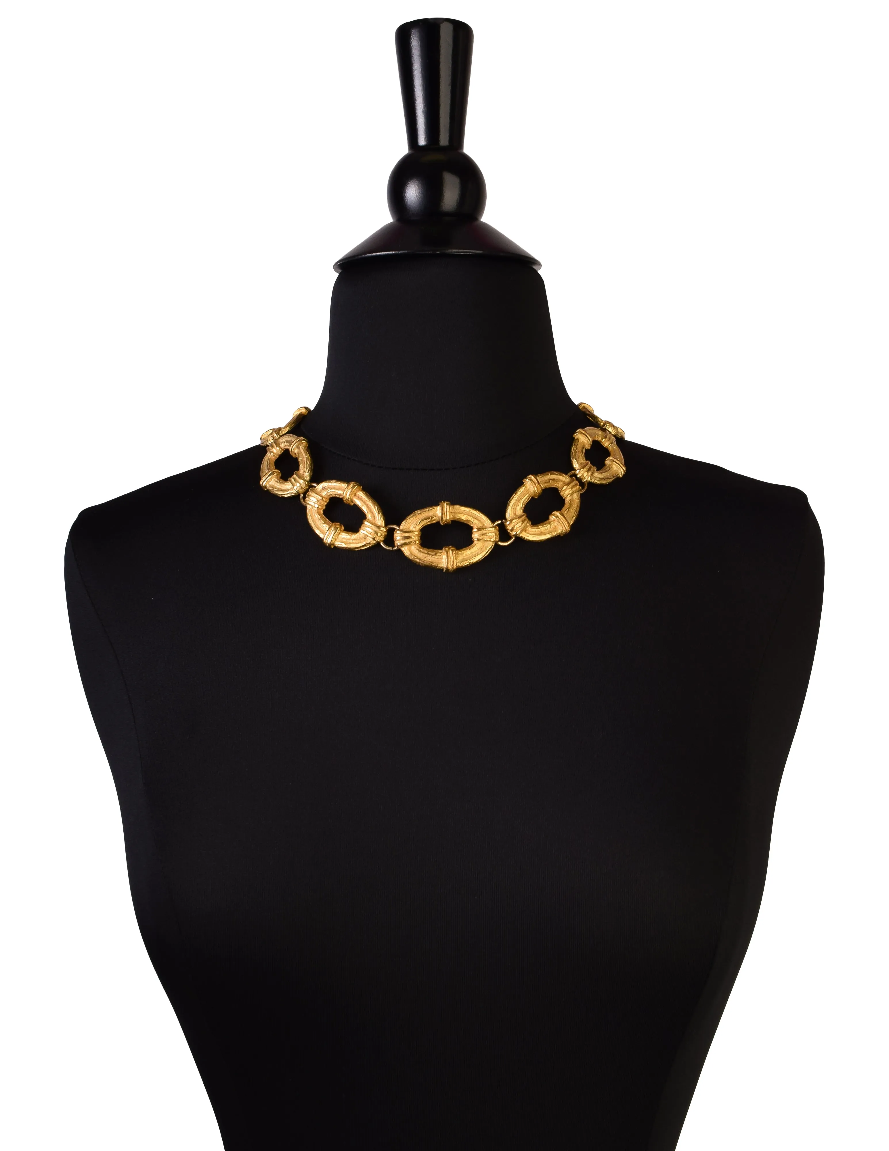 Pierre Cardin Vintage 1980s Artisanal Brushed Gold Textured Oval Link Chain Necklace