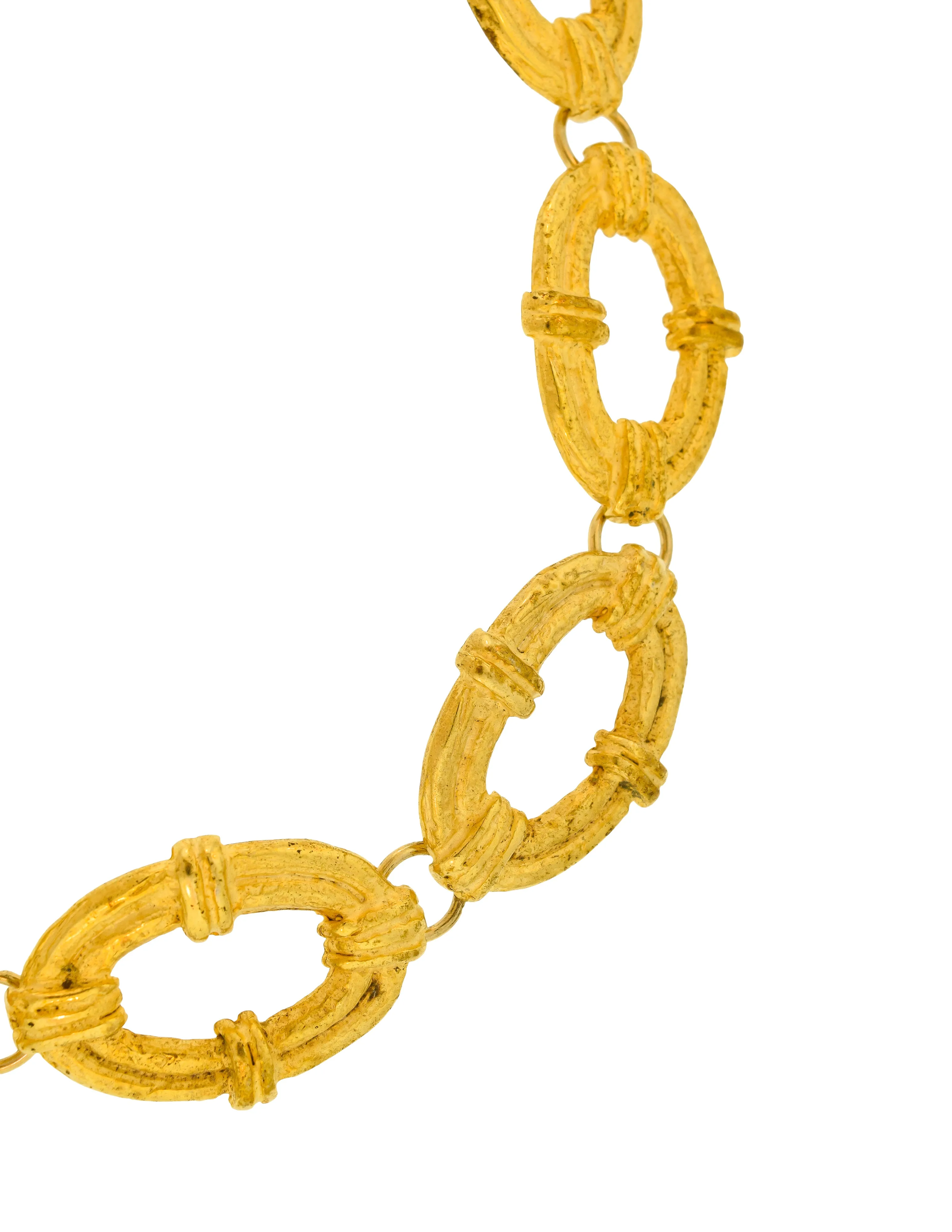 Pierre Cardin Vintage 1980s Artisanal Brushed Gold Textured Oval Link Chain Necklace