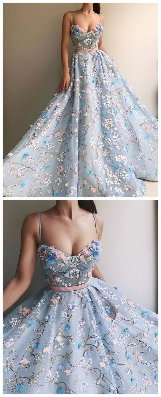 Princess Blue See Through Floral Spaghetti Straps A –line Prom Dress Formal Dress