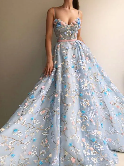 Princess Blue See Through Floral Spaghetti Straps A –line Prom Dress Formal Dress