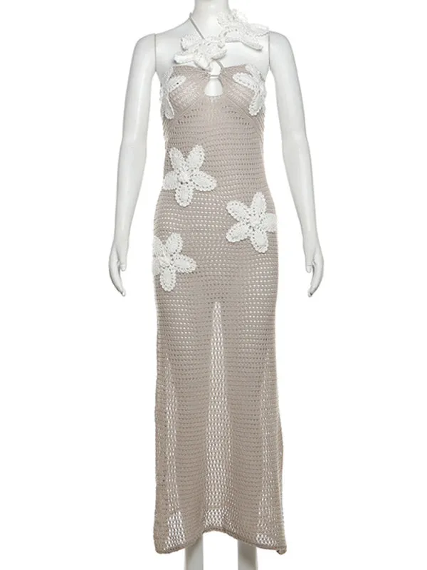 Vacation Hollow Knit Maxi Dress with Floral Accents for Summer
