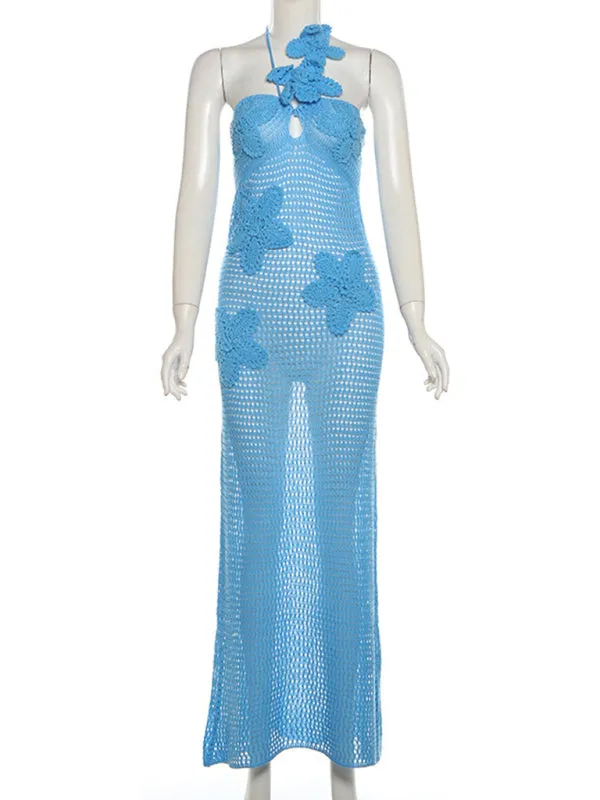 Vacation Hollow Knit Maxi Dress with Floral Accents for Summer